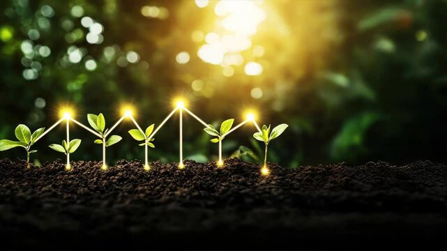 A graph depicting business growth with plants sprouting from the ground, representing economic opportunities, investment potential, and financial success
