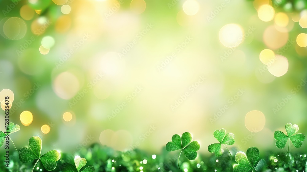 Poster a vibrant green background featuring clovers and soft bokeh lights, creating a fresh and cheerful at