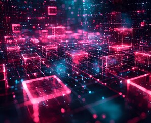 Obraz premium A digital cityscape featuring glowing cubes arranged in a cyberpunk style