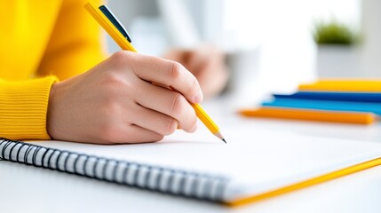 Close Up Of Hand Writing In Notebook With Colored Pen On White Desk In Bright