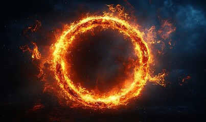 Fiery ring, dramatic flames, dark background, graphic design, stock image