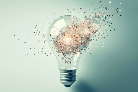 An artistic image of a lightbulb bursting into fragments with a soft light glow. This abstract visual represents a creative explosion, symbolizing new ideas and breakthroughs.