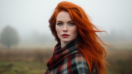 Naklejka premium Fiery Red-Haired Scottish Woman in Plaid Scarf Against Misty Background