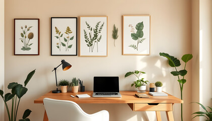A modern home office with a natural aesthetic. A wooden desk with a laptop, plants, and stationery sits against a beige wall decorated with framed botanical posters and nature photography