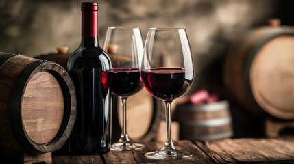 Alcohol consumption at a vintage wine cellar with red wine and wooden barrels. Featuring tradition and quality
