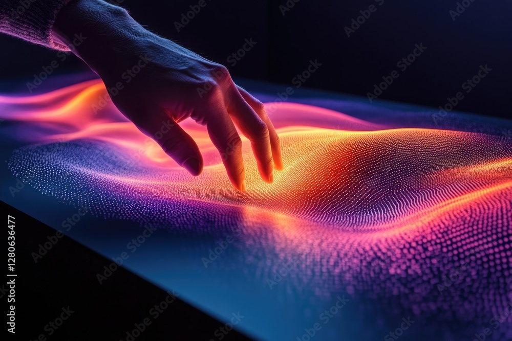 Poster a hand interacts with a vibrant, dynamic, data visualization, showcasing abstract waves of light and