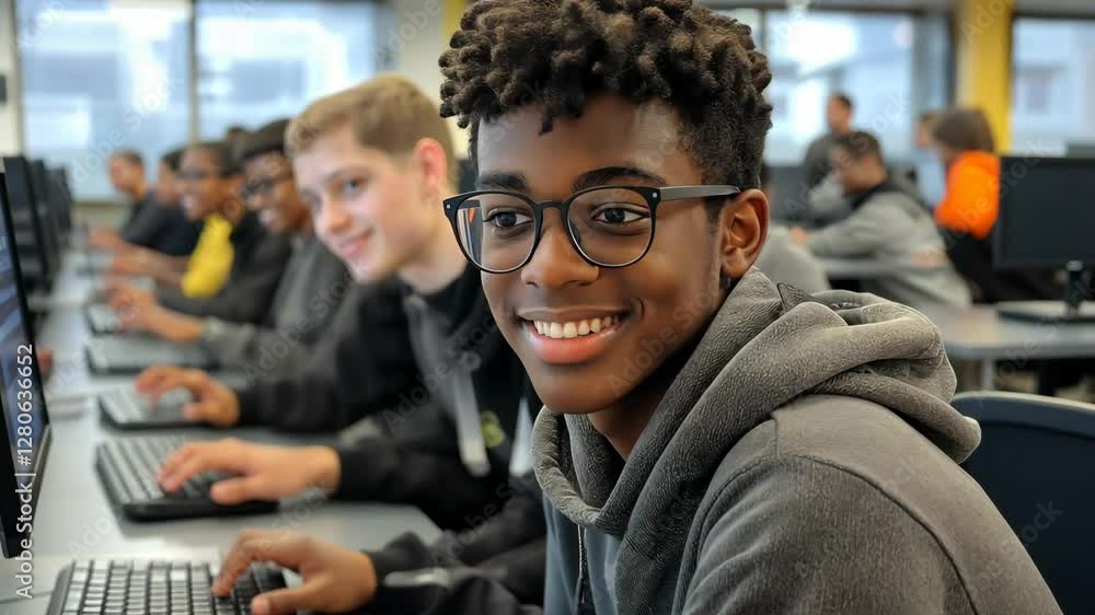 Poster young man with glasses is smiling at the camera. he is sitting in front of a computer with other peo