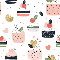 Minimal cakes, seamless illustrations. A playful pattern featuring colorful cupcakes adorned with fruits and leaves on a white background, perfect for food-themed designs.