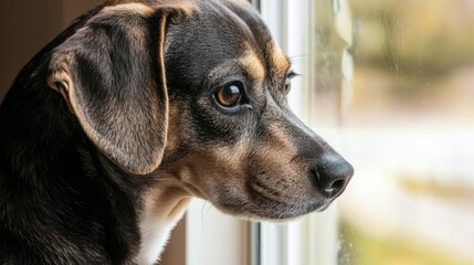 Curious dog gazing out the window home interior pet photography cozy environment close-up view emotive expression