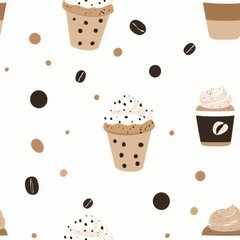 Minimal cakes, seamless illustrations. A playful pattern featuring cups of coffee and desserts on a light background, showcasing delightful whipped cream and coffee beans.
