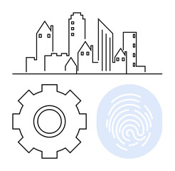 Cityscape outline, gear wheel, and fingerprint circle. Ideal for modern tech, security systems, urban innovation, city planning, infrastructure, identity abstract line flat metaphor