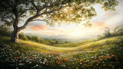 Obraz premium Serene Landscape with Majestic Tree Overlooking Fields of Colorful Wildflowers and Rolling Hills at Sunrise