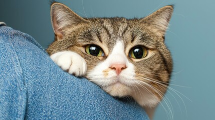Playful cat relaxing on human's shoulder cozy indoor setting animal portrait warm environment close-up view feline companionship