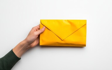 Hand Holding A Yellow Envelope Against A White Background