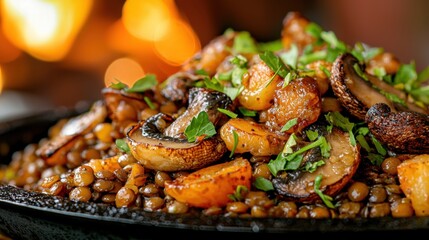 A vibrant dish showcases seasoned lentils topped with caramelized mushrooms and fresh herbs, served at a warm gathering. The inviting atmosphere enhances the meal's appeal