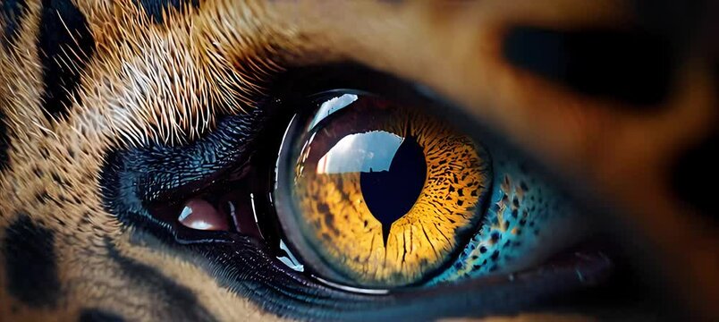 Majestic leopard eye reflecting nature's vivid beauty in closeup