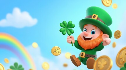 Fototapeta premium A cheerful leprechaun in a green outfit holds a shamrock, surrounded by gold coins and a rainbow against a bright sky.