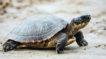 Fototapeta premium Turtle crawling on sandy beach nature scene wildlife photography coastal environment close-up view animal behavior insights