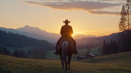 Cowboy riding into the sunset mountain valley outdoor scene serene landscape silhouette view freedom and adventure
