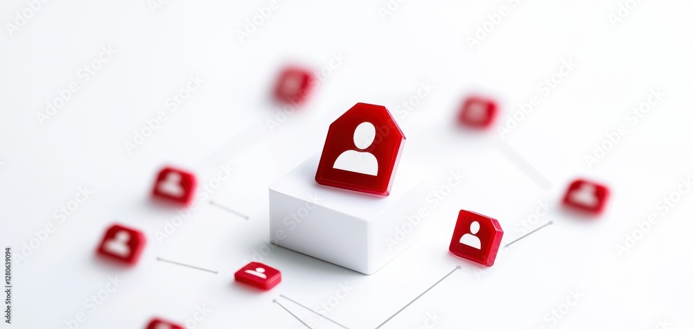 Poster person icon connecting through a network on a white background with square