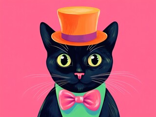 Obraz premium Illustration of Black Cat with Orange Hat and Pink Bow Tie