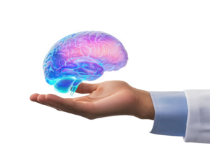 doctor hand holds 3D holographic brain scan, showcasing advanced medical technology and neuroimaging. This represents innovation in healthcare and neuroscience