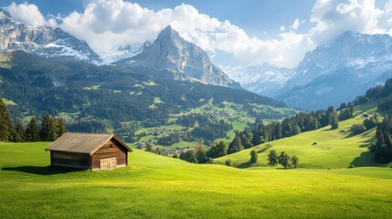 Obraz premium A stunning Swiss countryside scene, with a quiet wooden barn amid green pastures and alpine peaks.