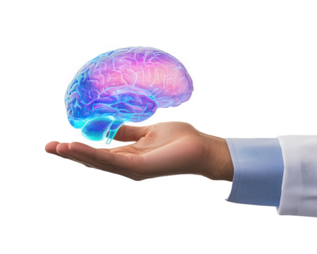 doctor hand holds 3D holographic brain scan, showcasing advanced medical technology and neuroimaging. This represents innovation in healthcare and neuroscience - Powered by Adobe