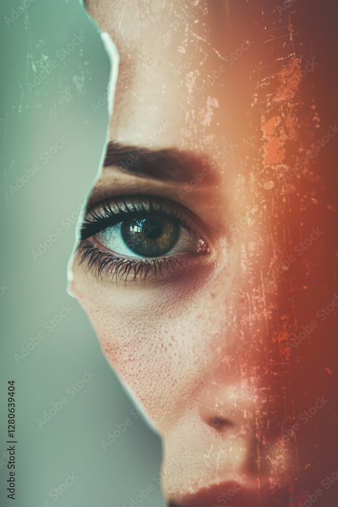 Poster captivating portrait revealing emotions through innovations in expression and texture, capturing the