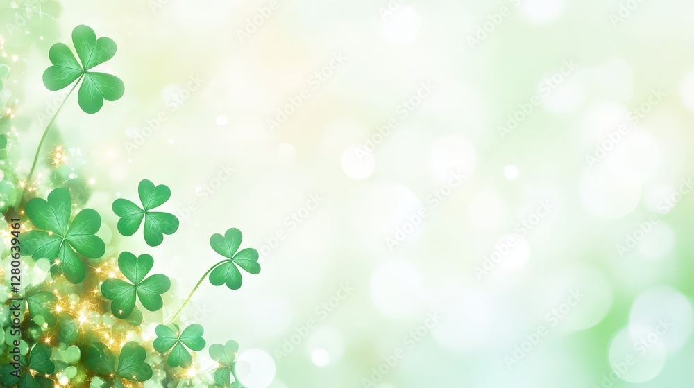 Poster a vibrant background featuring green shamrocks and sparkling light effects, creating a festive and c