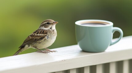 Charming bird perched by a coffee cup outdoor setting nature photography serene environment close-up view wildlife appreciation