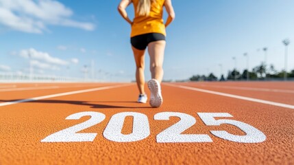 Runner on Track Approaching a Future Year Under a Clear Sky During a Sunny