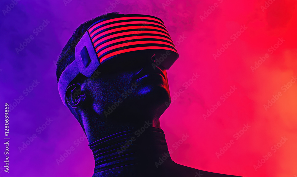 Poster exploring the future of technology: a futuristic representation of virtual reality with neon colors 