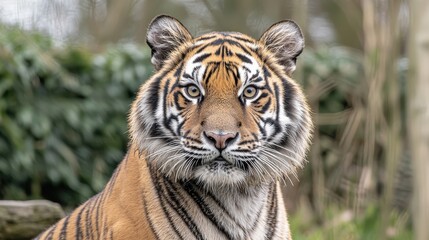 Fototapeta premium Majestic tiger in natural habitat close-up photography wildlife lush greenery portrait view animal conservation awareness