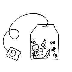 Tea bag herbal with leaves and flowers tea infusion paper filter hand drawn doodle drawing. Teabag natural aroma with label, packaging. Sketch tea time collection.