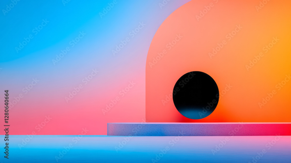 Poster overlapping cylinder-like segments in glowing orange and cobalt, drifting around a minimal black