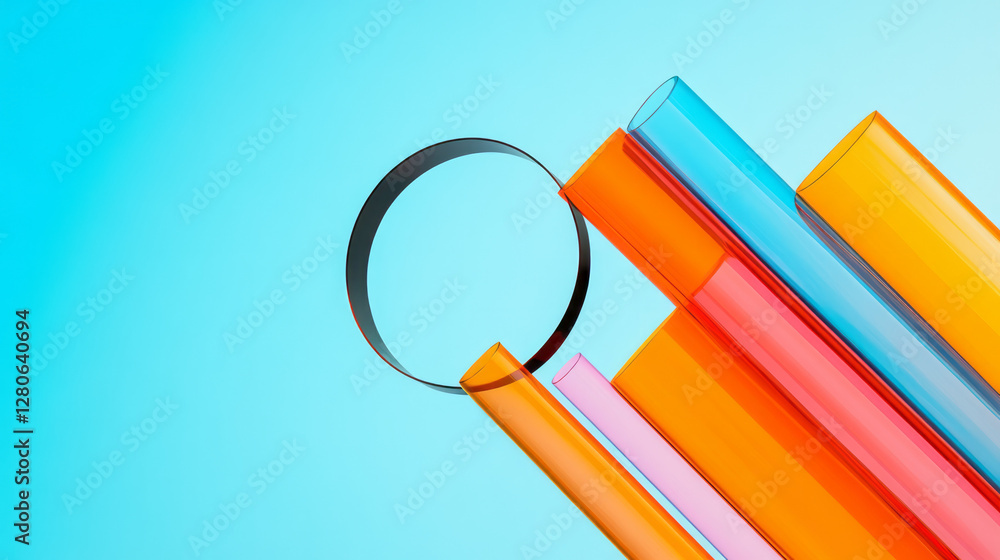 Poster overlapping cylinder-like segments in glowing orange and cobalt, drifting around a minimal black