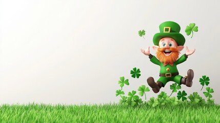 Fototapeta premium A cheerful leprechaun in a green outfit jumps among clovers, symbolizing luck and St. Patrick's Day celebrations on a grassy field.