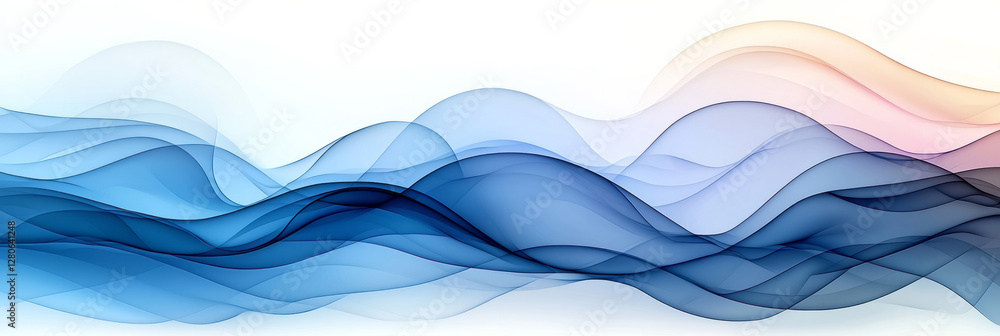 Poster layers of translucent blue curves fading into glossy black edges, each layer reflecting faint