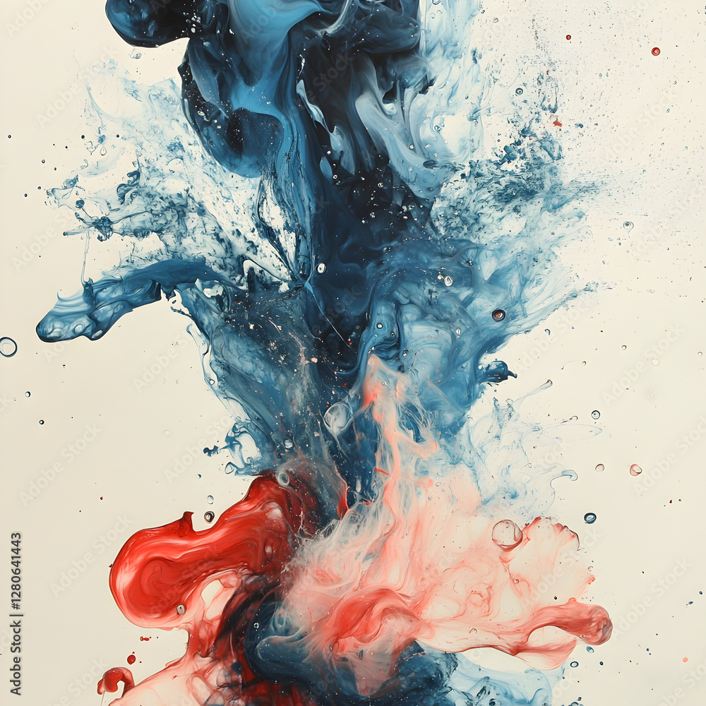 Poster ink fusion: captivating abstract art showcases a dynamic interplay of ink, with vibrant hues of blue