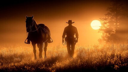 A cowboy walks alongside his horse through a golden field at sunset, embodying the spirit of the Wild West.
