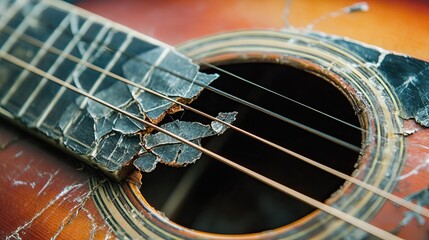 Naklejka premium Close-Up of a Damaged Acoustic Guitar String and Body