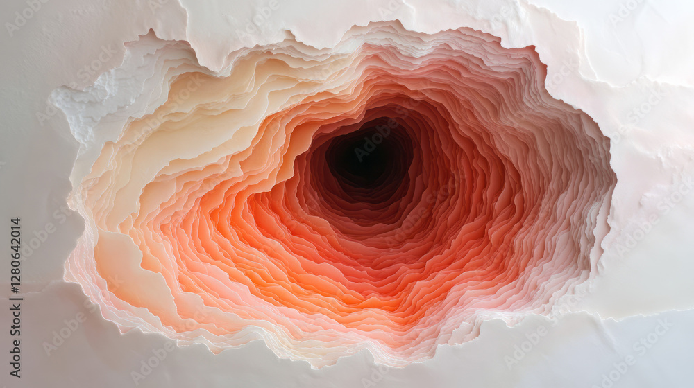 Poster sliced sphere composed of translucent layers fading from soft coral on the surface to deep burnt