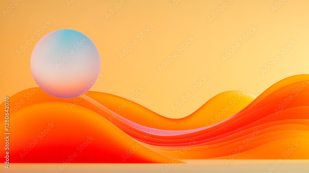Poster bold composition featuring a partially hollow sphere in vivid saffron, revealing nested orange