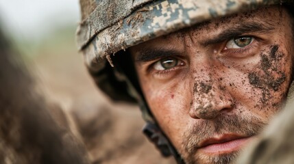 Obraz premium A soldier with a rugged appearance demonstrates concentration and grit. Covered in dirt and grime, the soldier embodies resilience amid a demanding training session
