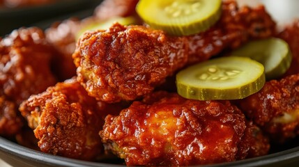 Close-up of crispy chicken wings coated in spicy sauce, topped with fresh pickle slices.