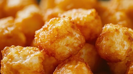 Golden-brown tater tots piled high, crispy on the outside and fluffy on the inside.