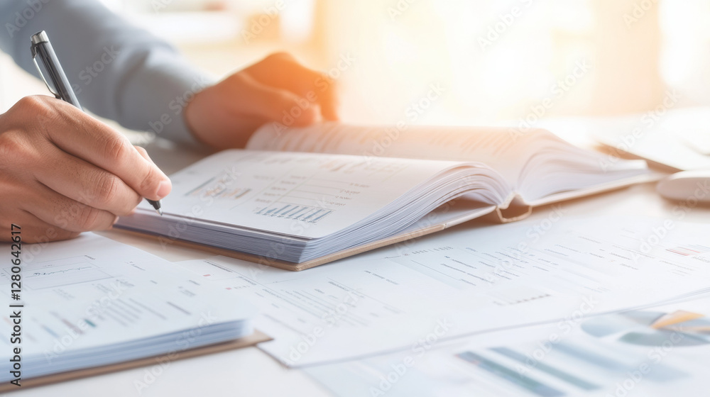 Poster person analyzing financial documents with pen and open book on desk