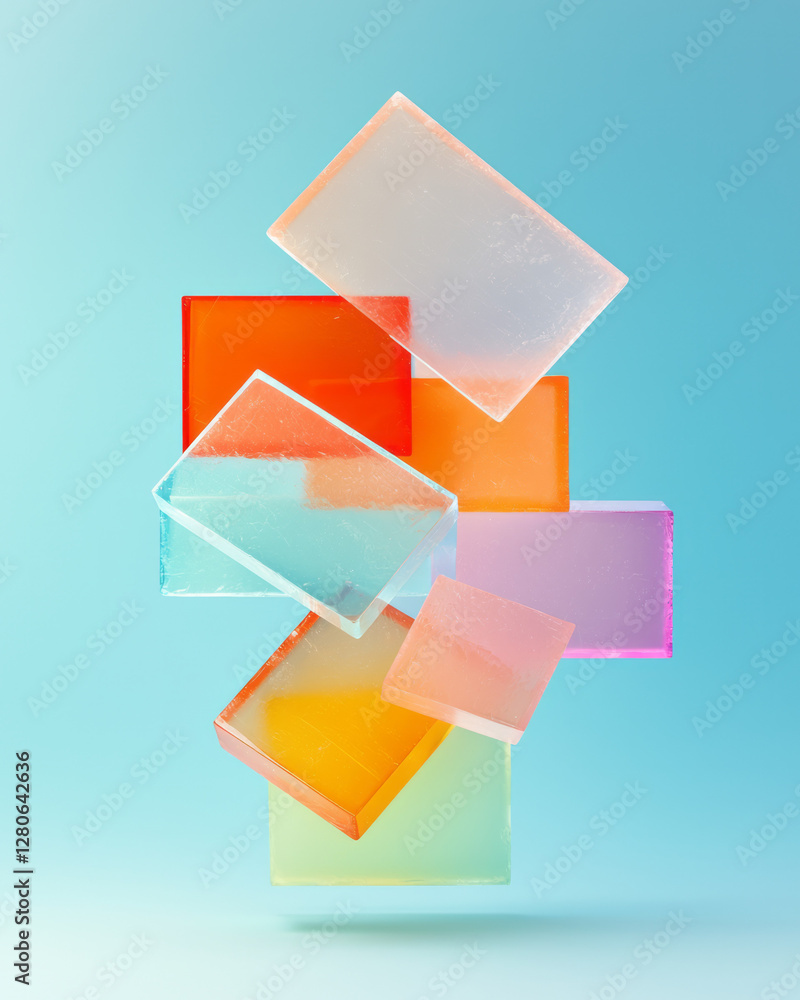 Poster cluster of glossy rectangular shapes in warm peach and cool teal, leaning against each other in a
