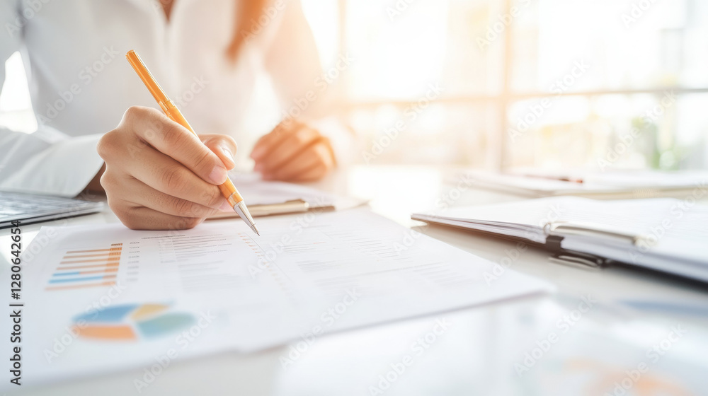 Poster person analyzing financial documents with charts and graphs in bright office